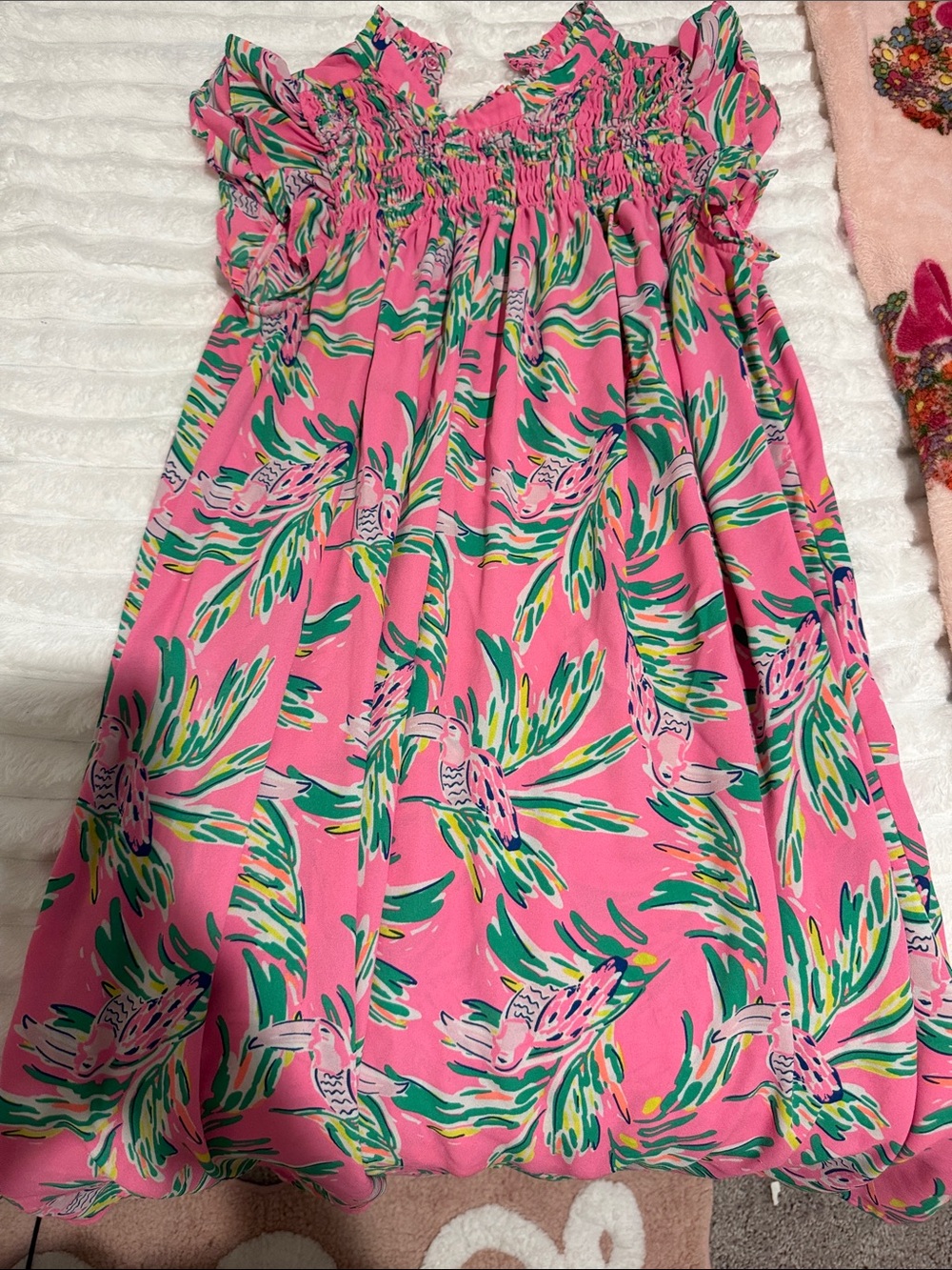 crown & ivy Pink Tropical Parrot Print Ruffled Sundress